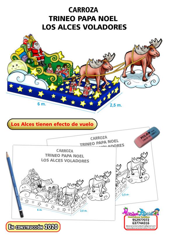 Boceto y diseño carroza trineo de Papá Noel y sus alces voladores