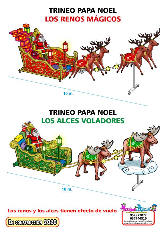 Boceto y diseño plataforma de Papá Noel con ciervos o alces voladores